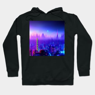 Ai Generated Art Scenery - Futuristic City Skyline With Neon Street Lights And Blue Moon Hoodie